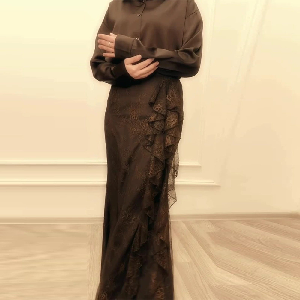 Forever 21 Spring Dark Brown Long-Sleeve Fitted Ruffle Dress Set